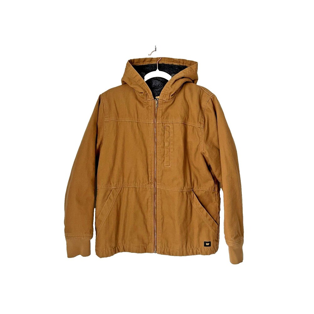 CAT Caterpillar Workwear Duck Canvas Sherpa Lined Hooded Jacket MENS S Brown